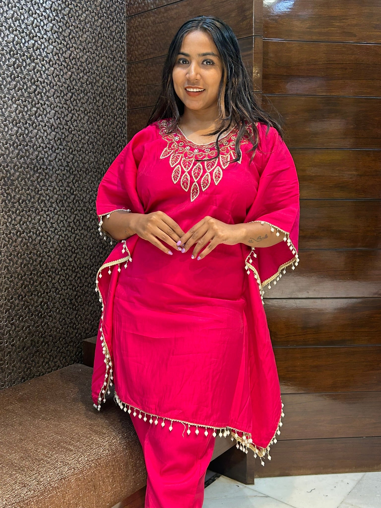 rani pink kaftaan with pearl work neckline and pant