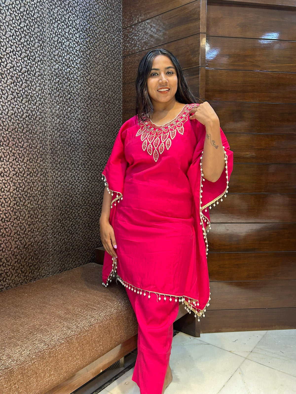 rani pink kaftan with zari moti neckline