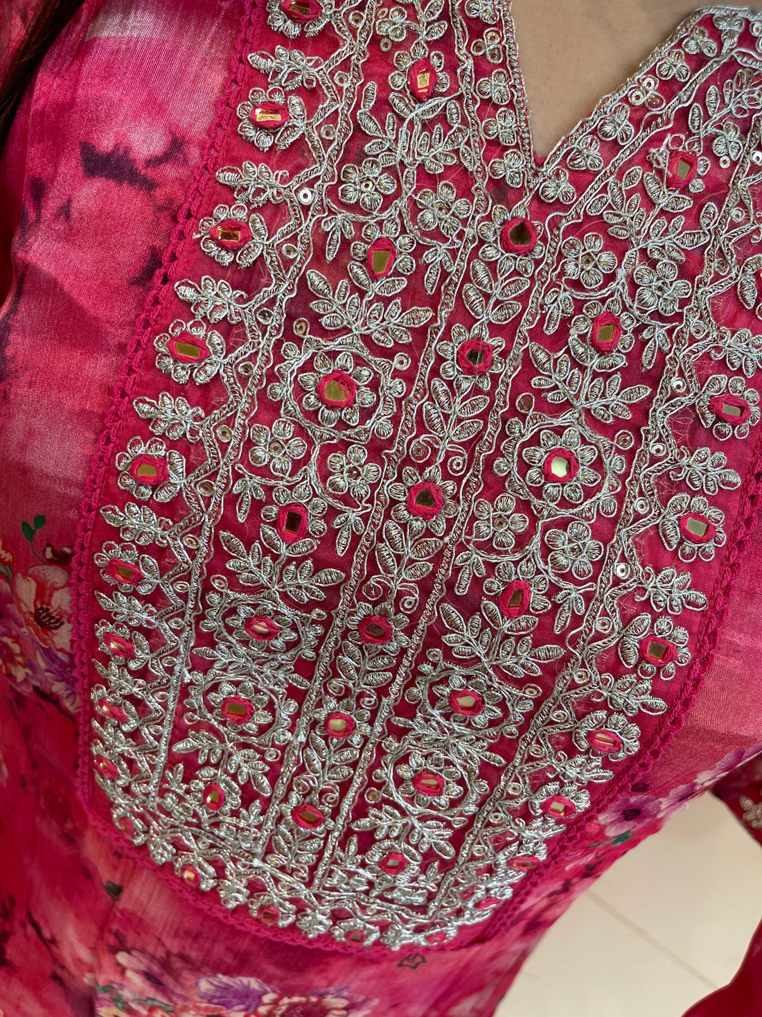 Chinon sharara suit with zari thread work neckline