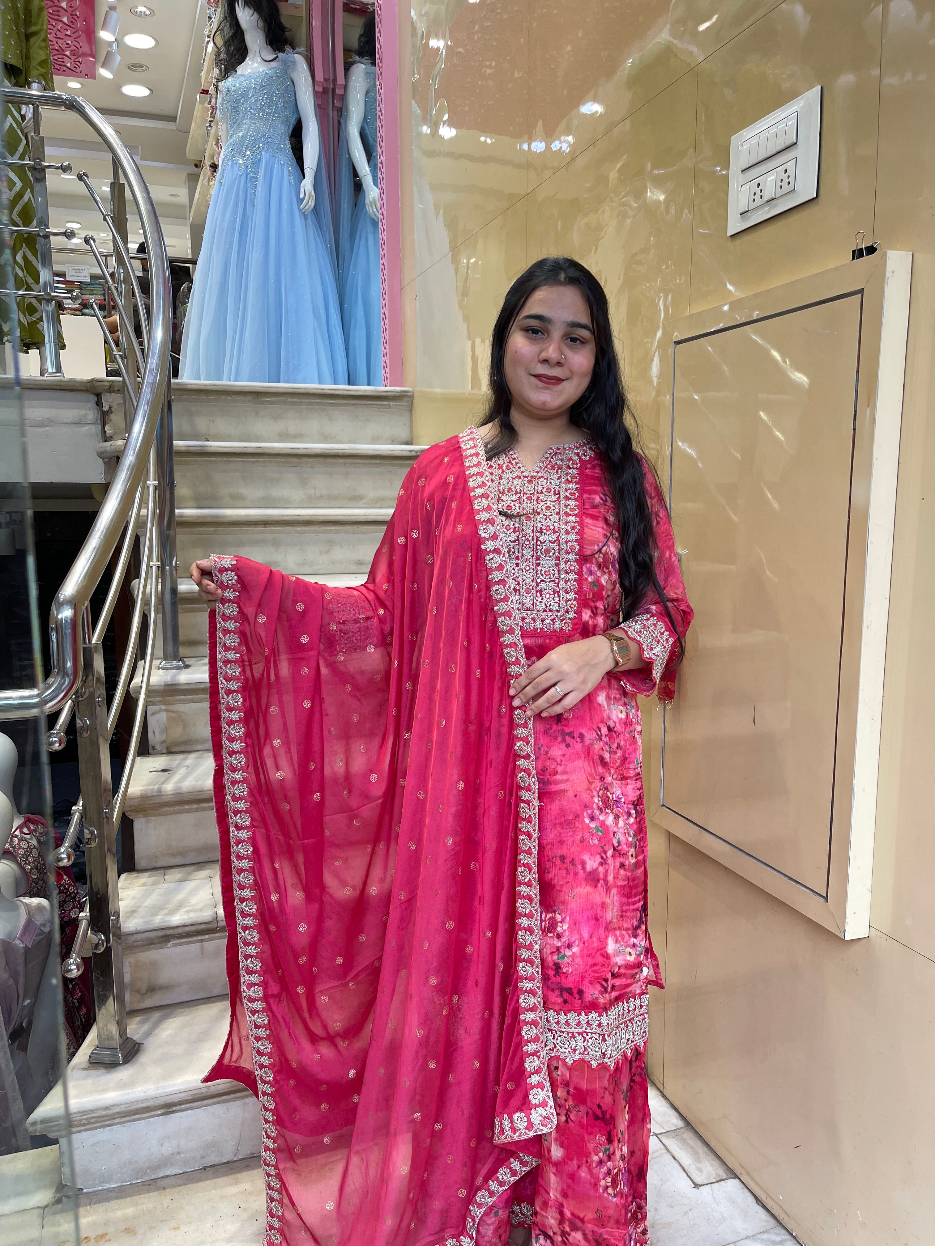 Chinon sharara suit with zari thread work neckline