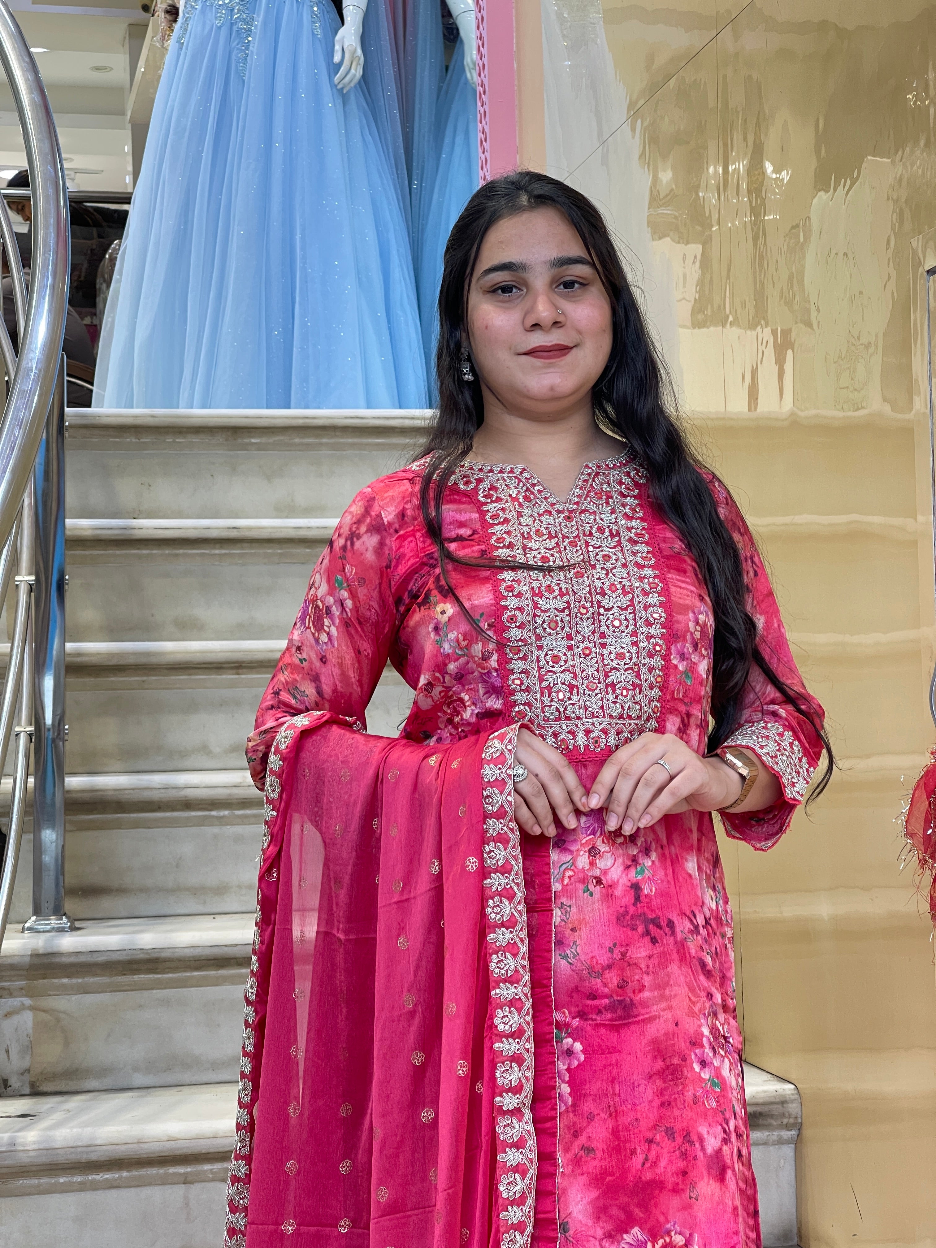 Chinon sharara suit with zari thread work neckline