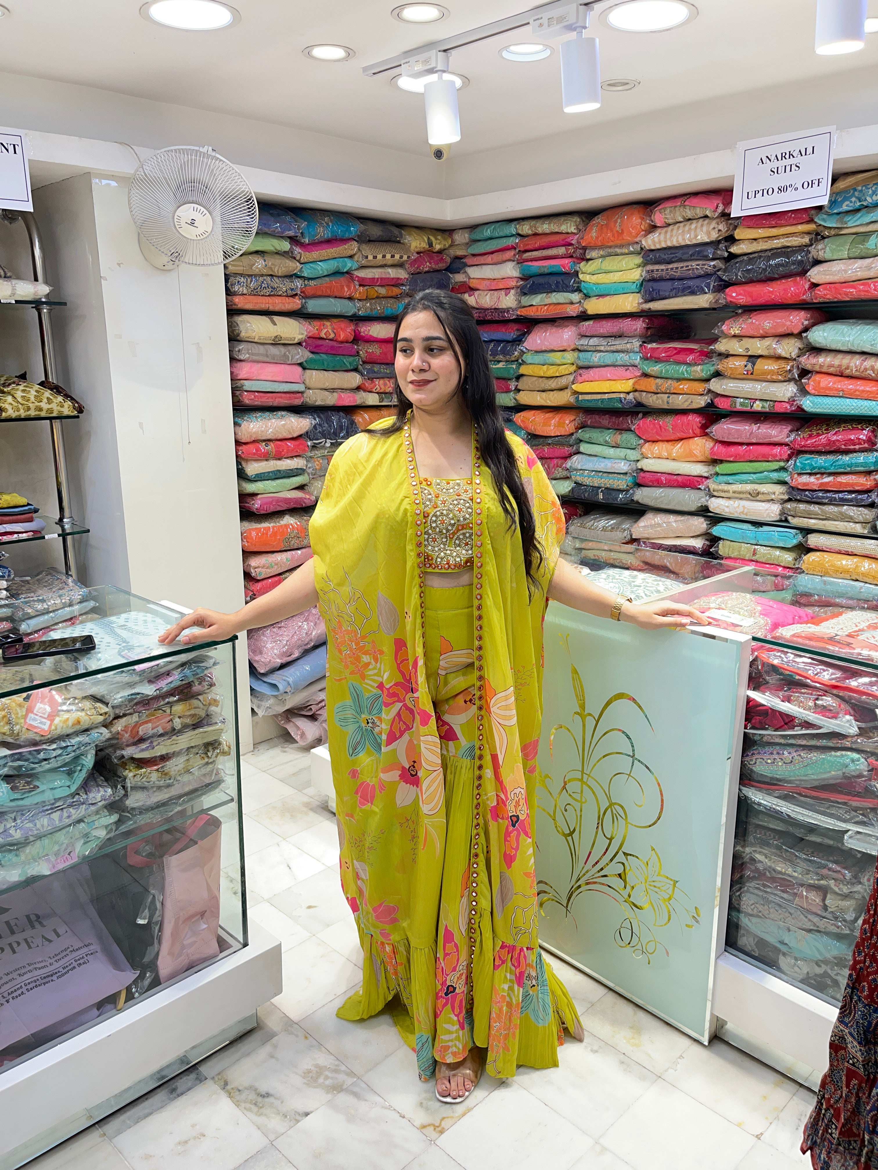 Three piece designer plazzo crop and shrug indo western with pearl moti thread work