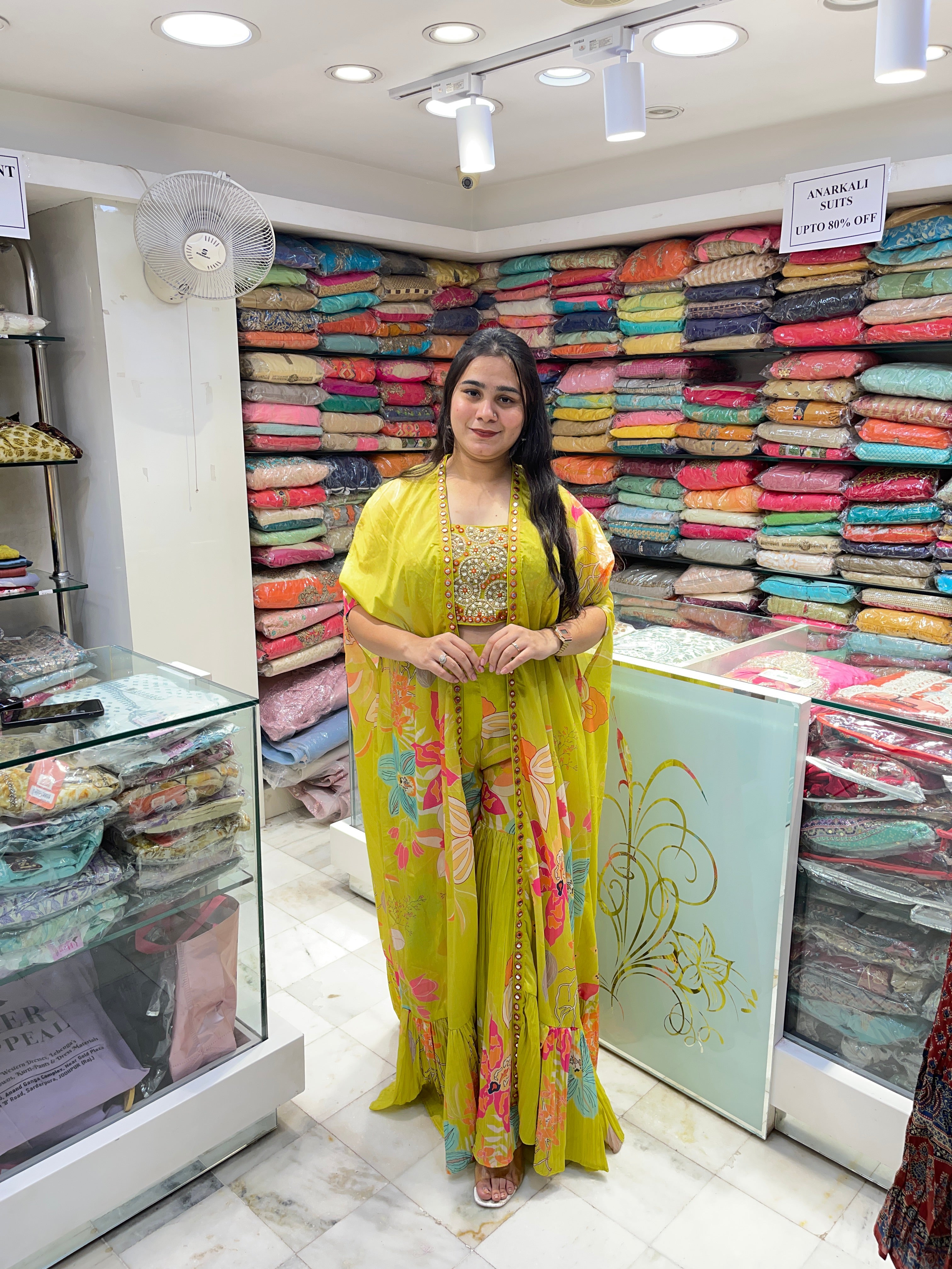 Three piece designer plazzo crop and shrug indo western with pearl moti thread work