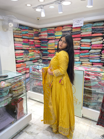 haldi party yellow banarasi dupatta long anarkali suit