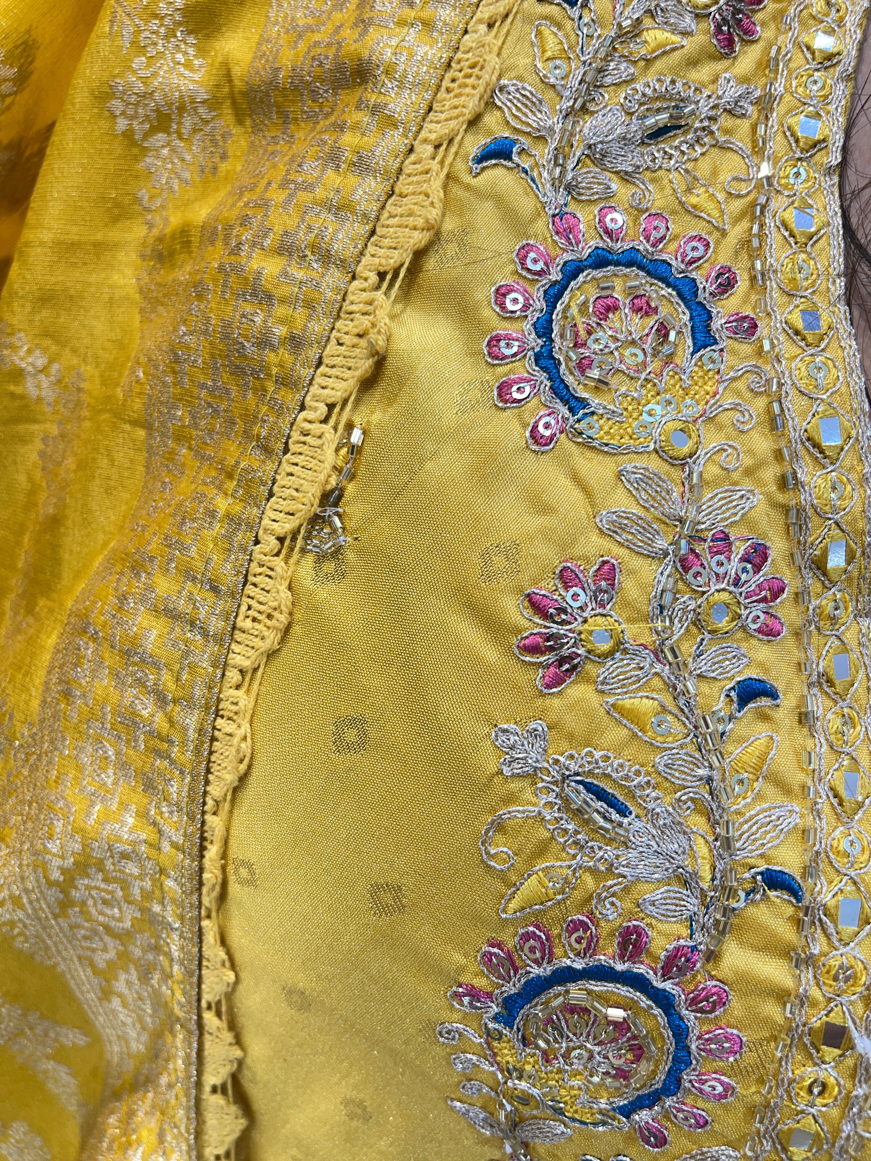 haldi party yellow banarasi dupatta long anarkali suit