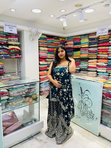 Partywear one sided sleeves plazzo zari patch work indowestern dress Fabric crepe