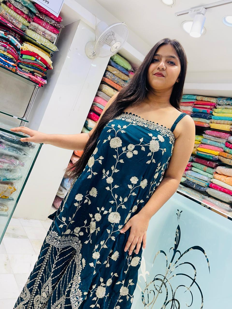 Partywear one sided sleeves plazzo zari patch work indowestern dress Fabric crepe