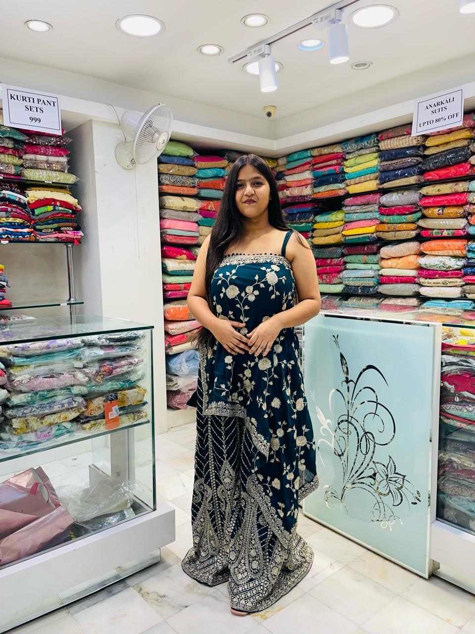 Partywear one sided sleeves plazzo zari patch work indowestern dress Fabric crepe