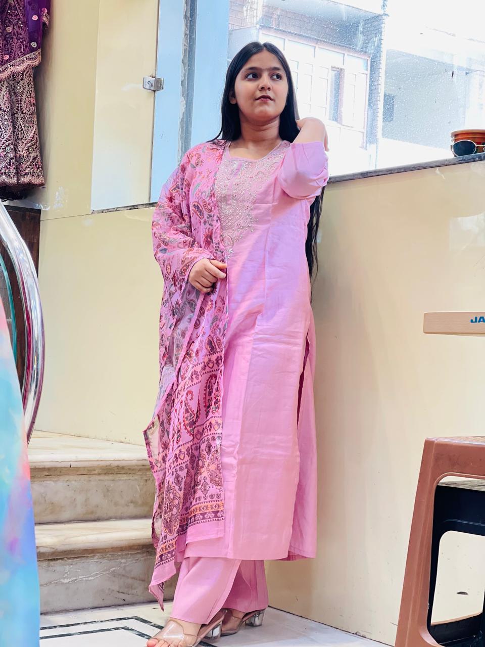 Partywear Hot Pink Floral Organza Dupatta Kurti Pant Set for Women