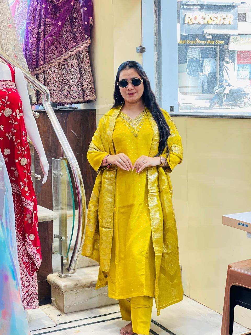 Partywear Pure Banarasi Dupatta Kurti Pant Set for Women