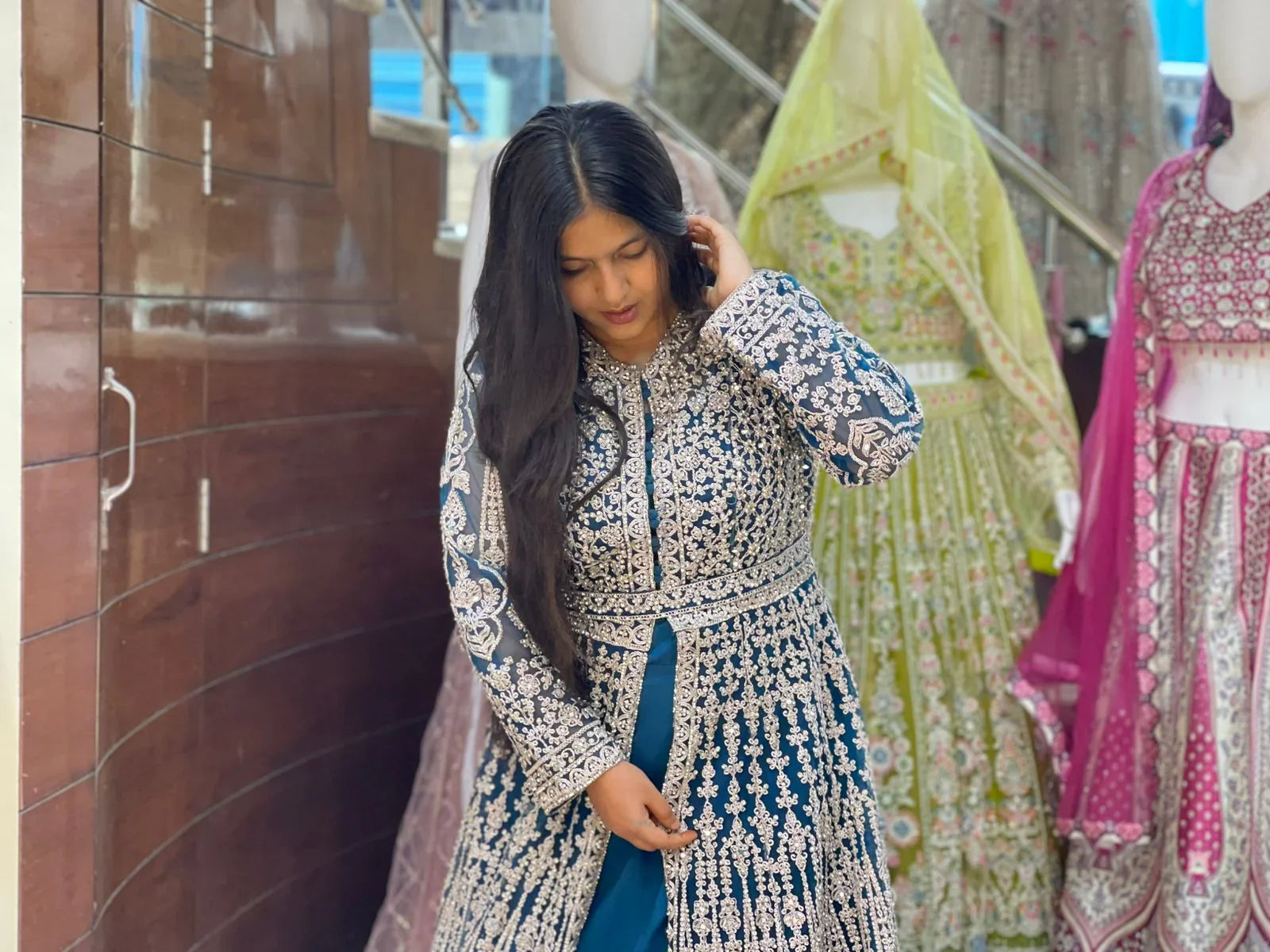 Heavy Wedding Indo-Western Zari Handwork Long Bridal Gown