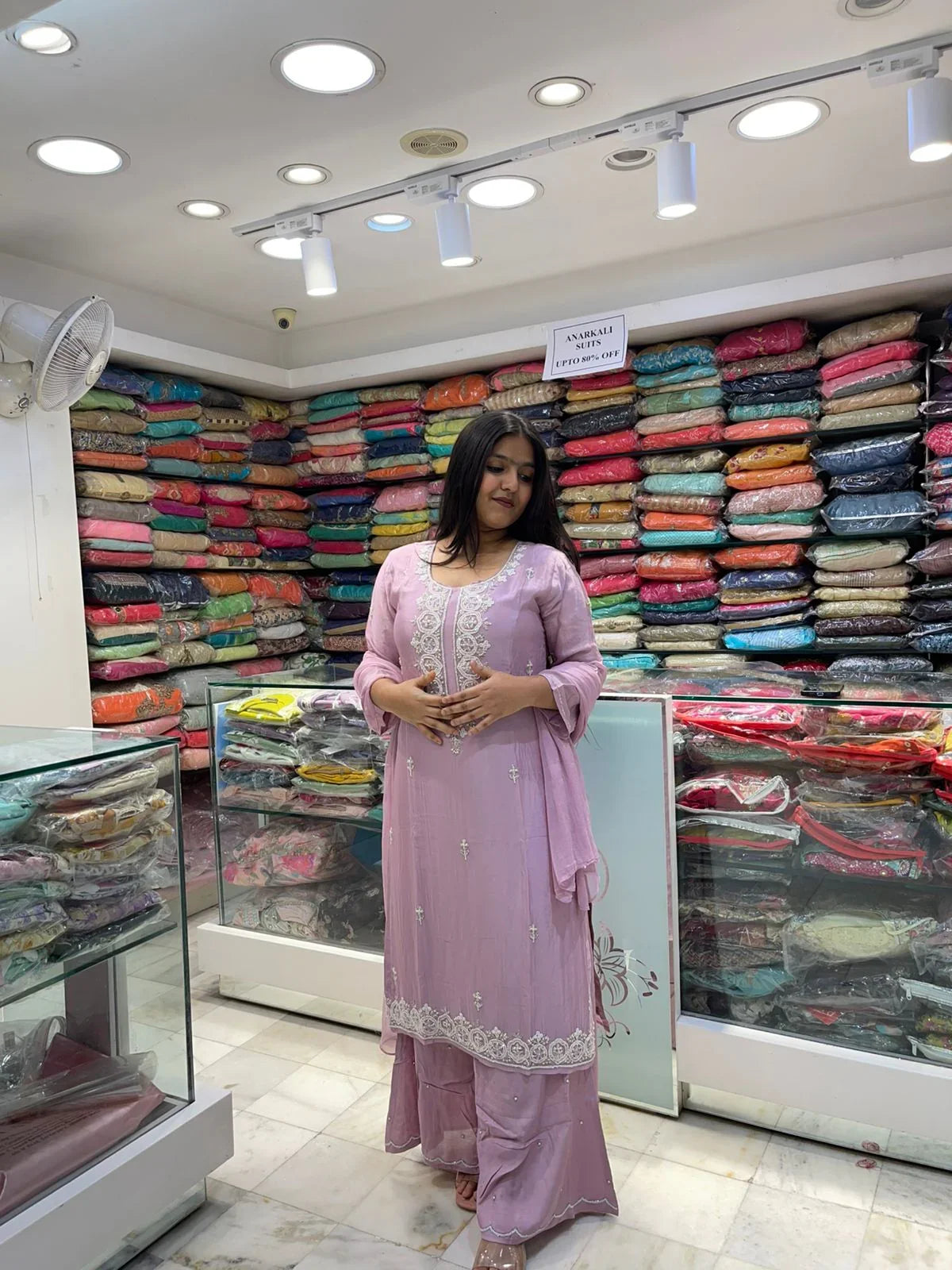 Chinnon fabric kurti plazzo pant with sequence tissue motifs