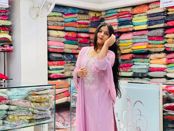 Chinnon fabric kurti plazzo pant with sequence tissue motifs