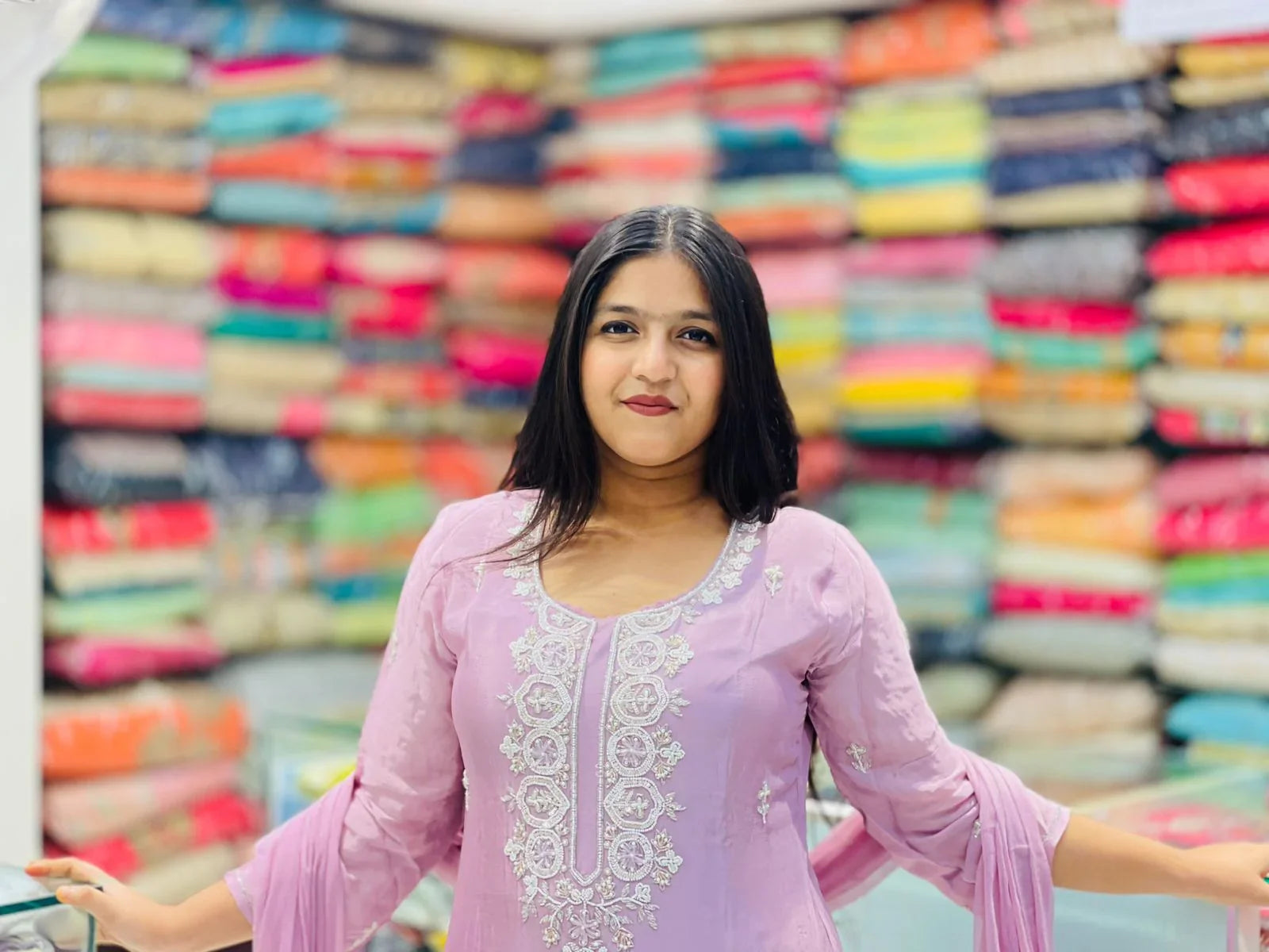 Chinnon fabric kurti plazzo pant with sequence tissue motifs