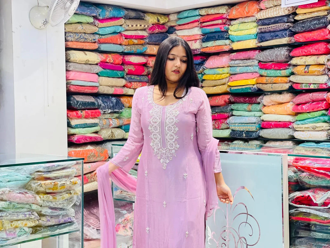 Chinnon fabric kurti plazzo pant with sequence tissue motifs