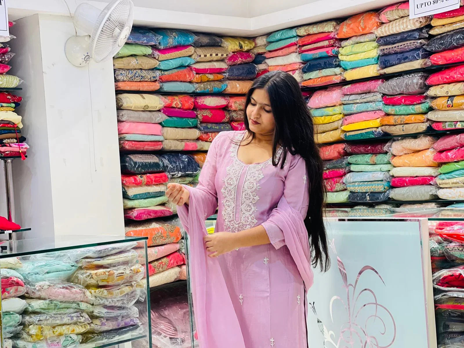 Chinnon fabric kurti plazzo pant with sequence tissue motifs