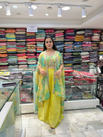 Bright yellow and green organza floral printed designer indo western