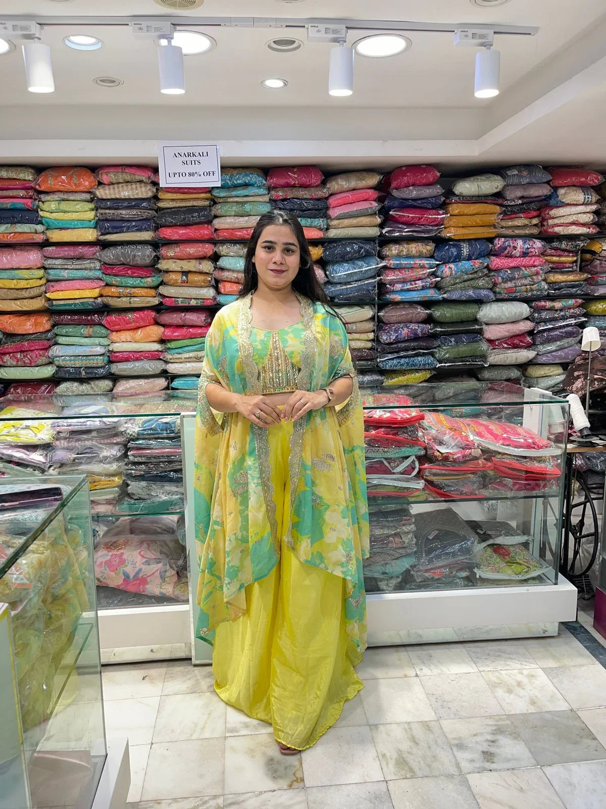 Bright yellow and green organza floral printed designer indo western