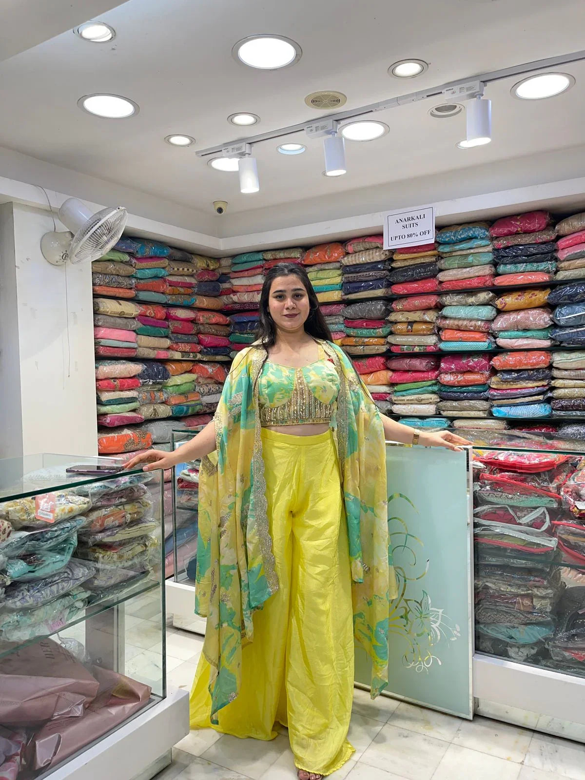 Bright yellow and green organza floral printed designer indo western