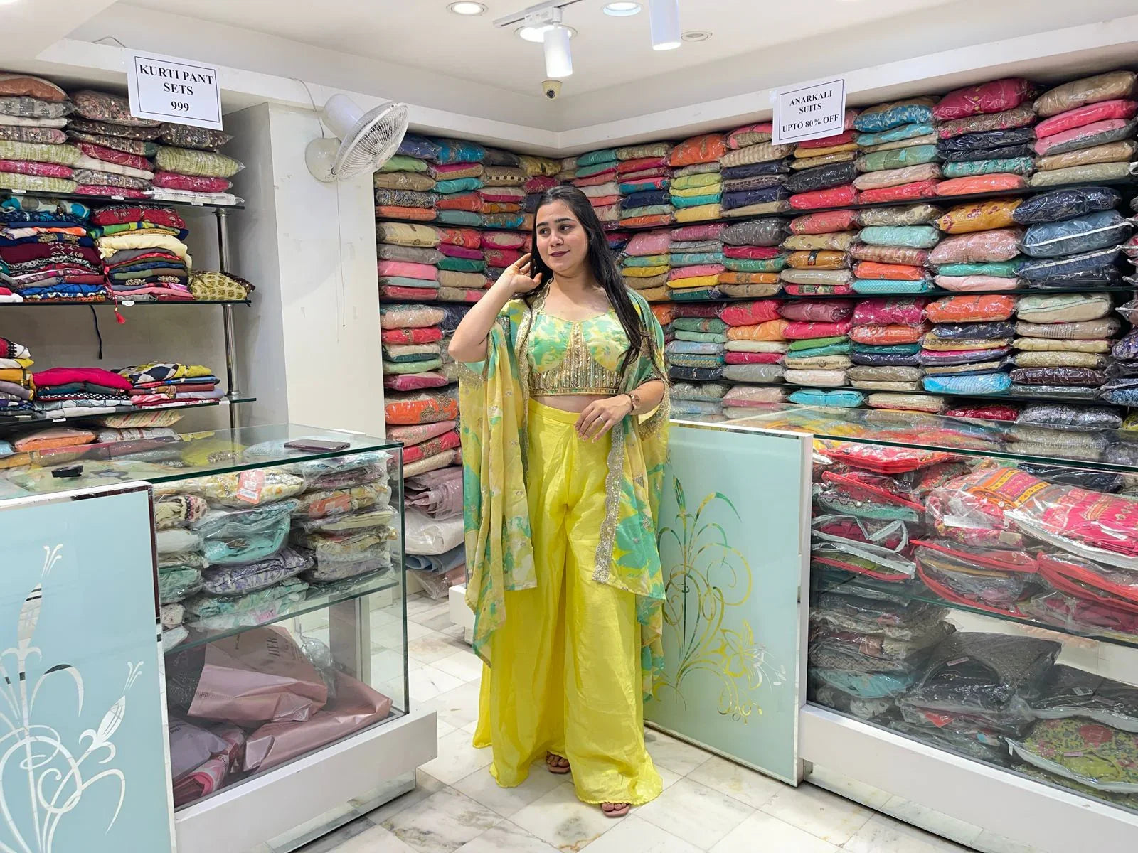 Bright yellow and green organza floral printed designer indo western