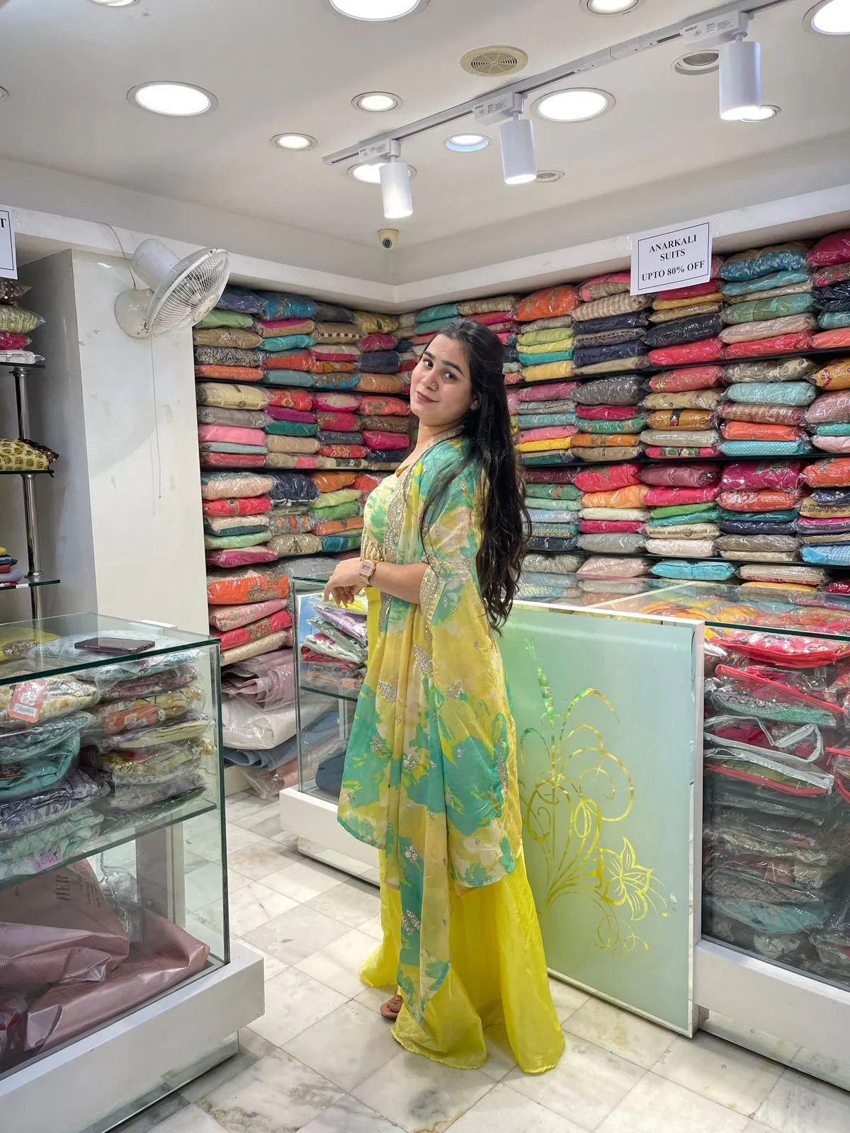 Bright yellow and green organza floral printed designer indo western