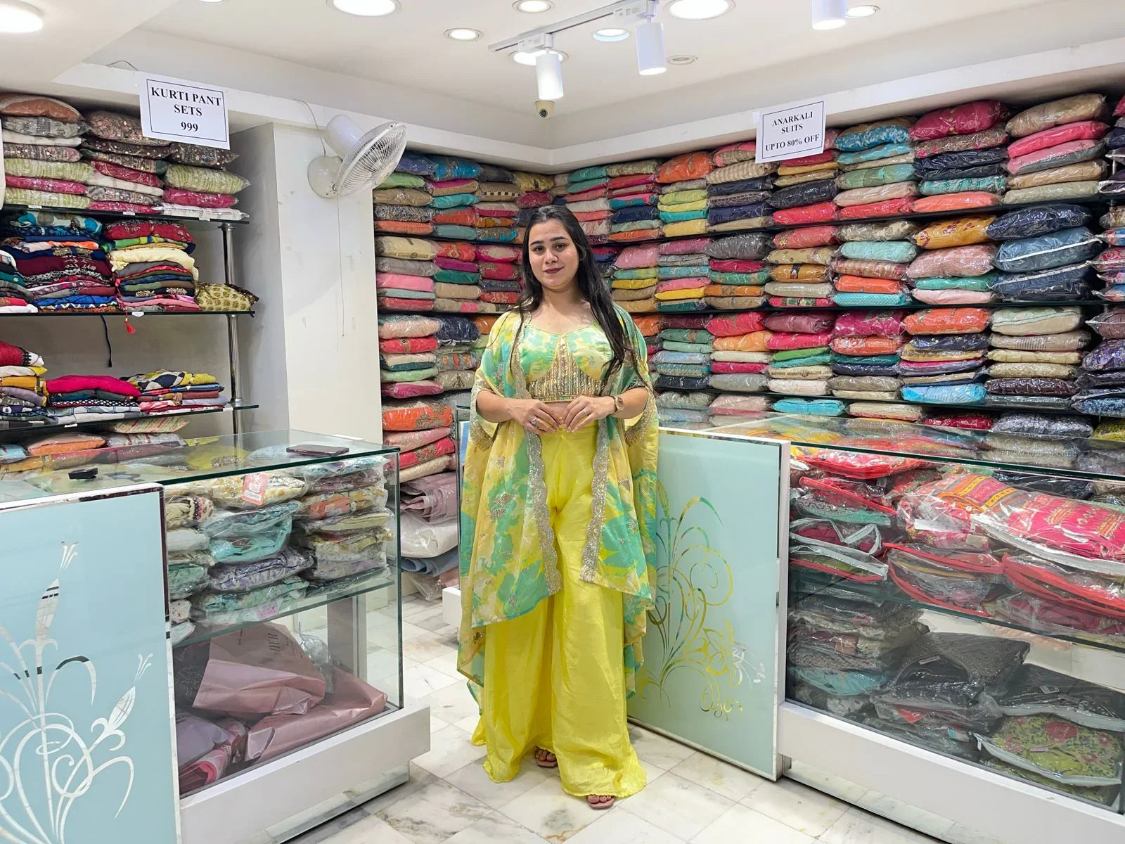 Bright yellow and green organza floral printed designer indo western