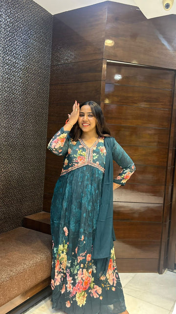 One piece designer chinon fabric floral print gown