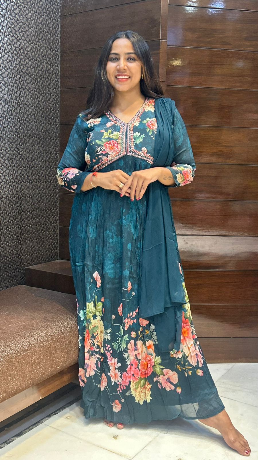 One piece designer chinon fabric floral print gown