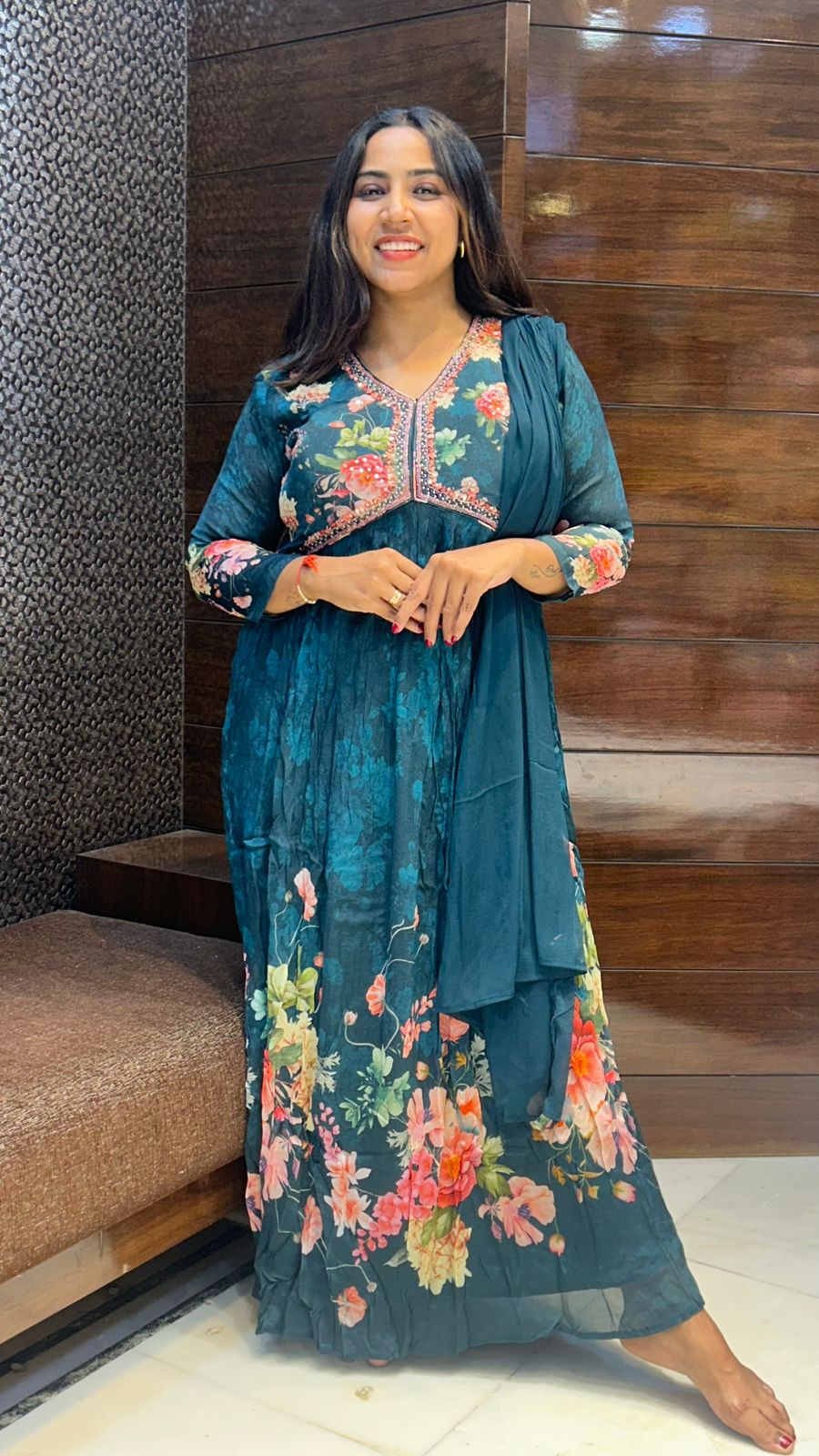 One piece designer chinon fabric floral print gown