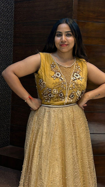 moti pearl sequence work partywear net gown