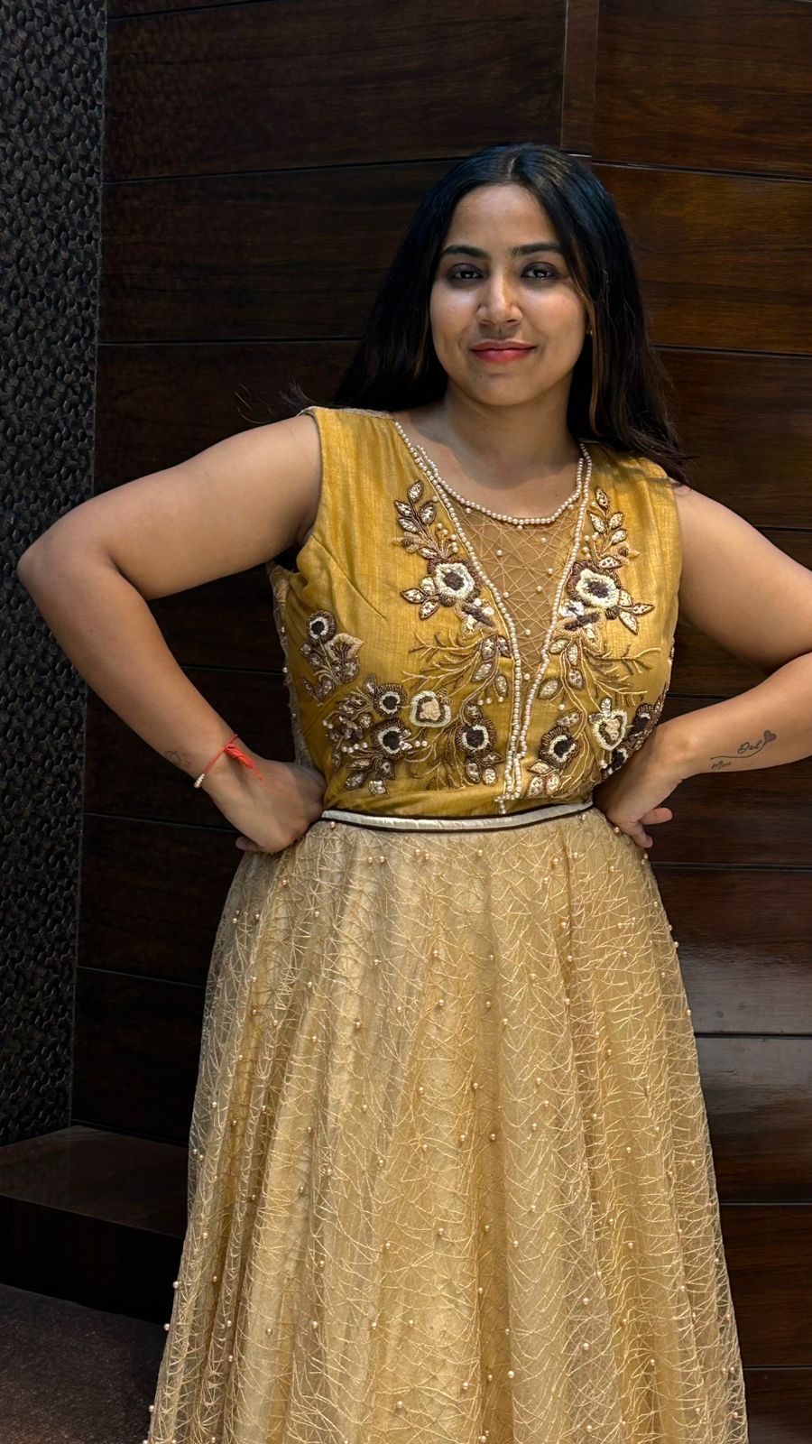 moti pearl sequence work partywear net gown