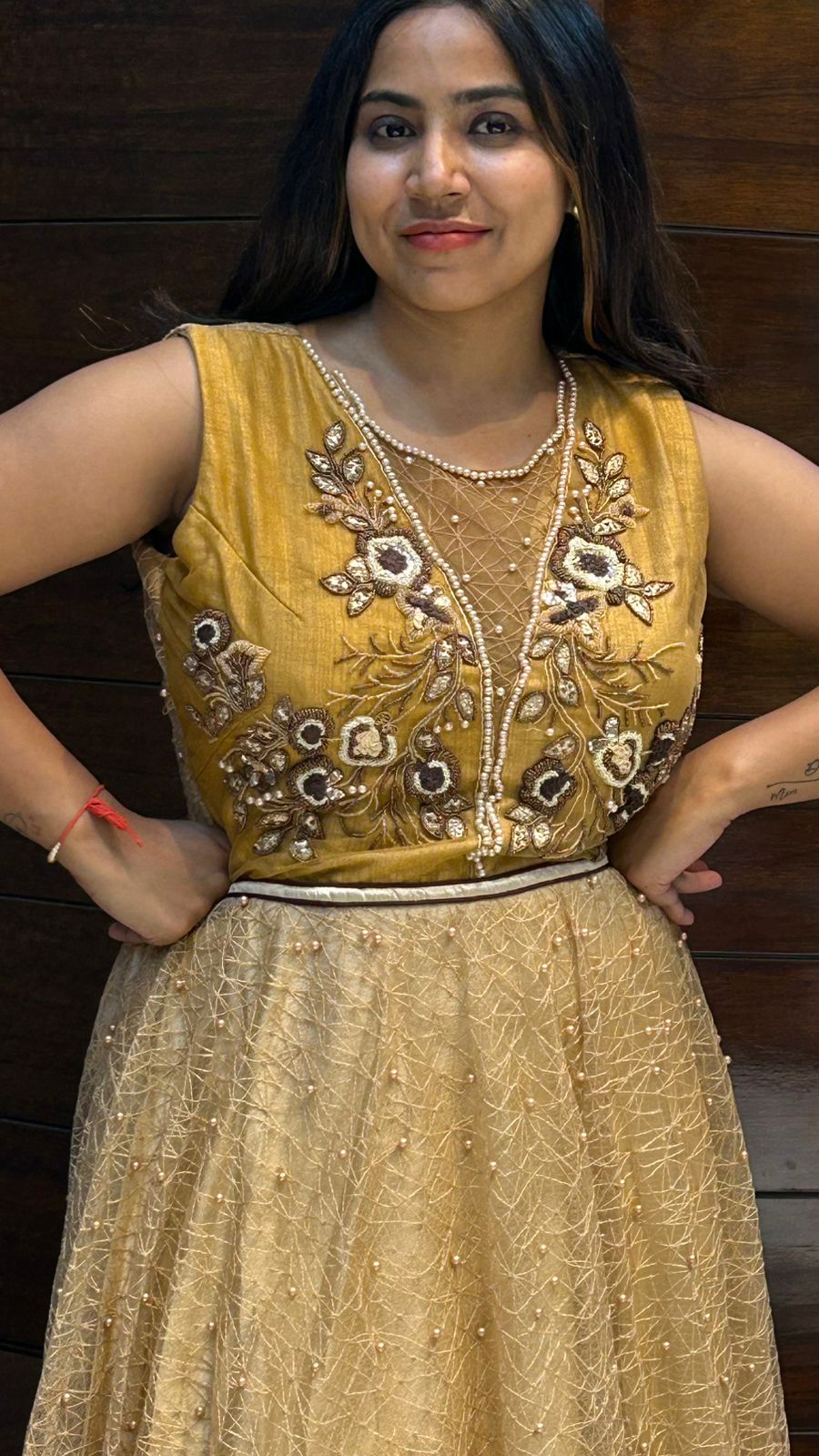 moti pearl sequence work partywear net gown