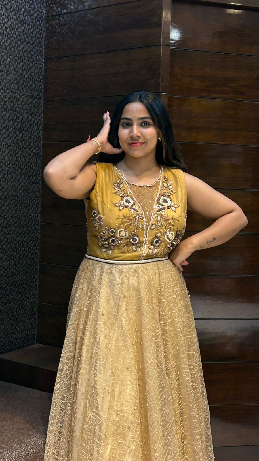 moti pearl sequence work partywear net gown