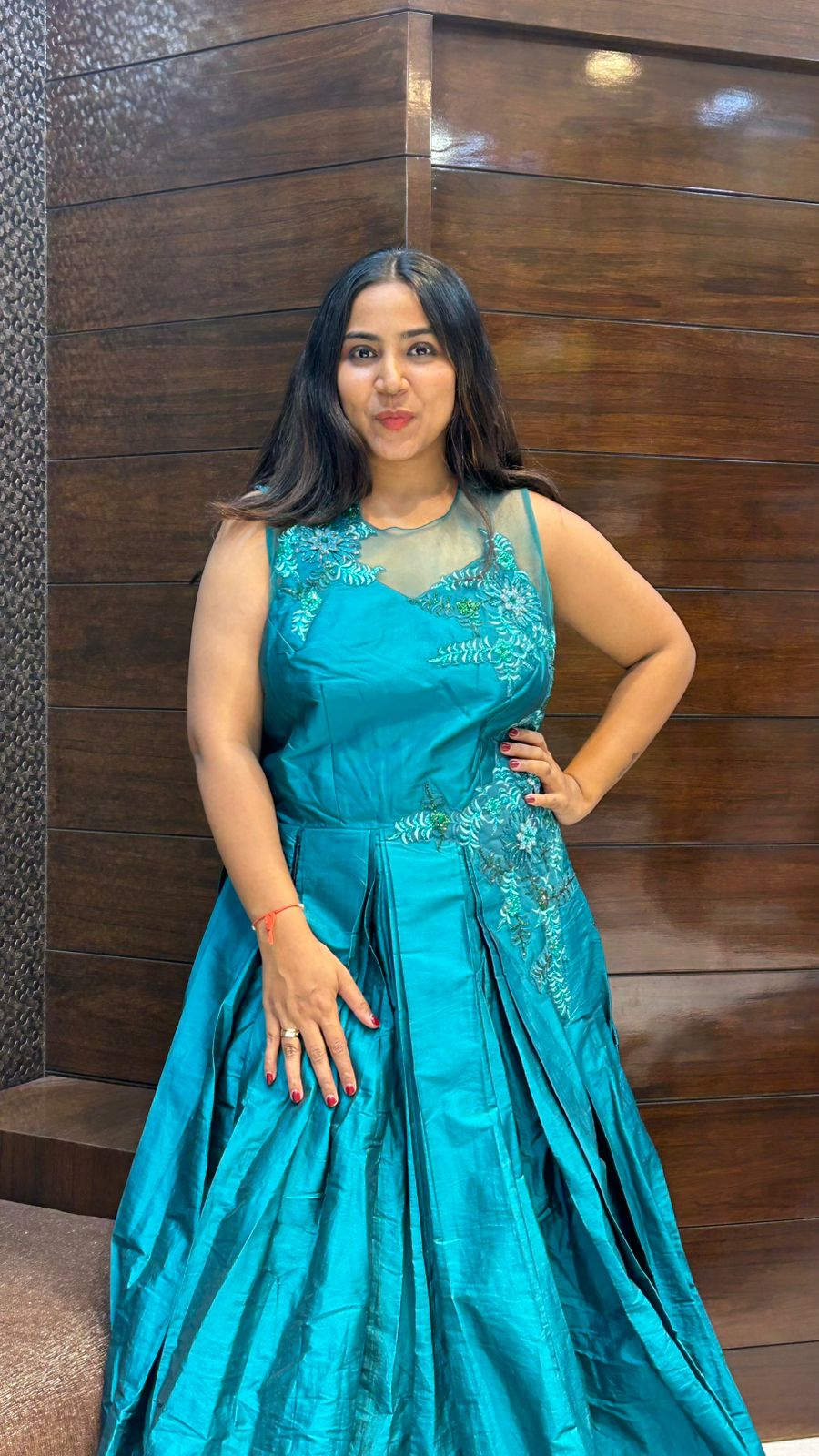 teal green tapeda silk embroidered partywear gown