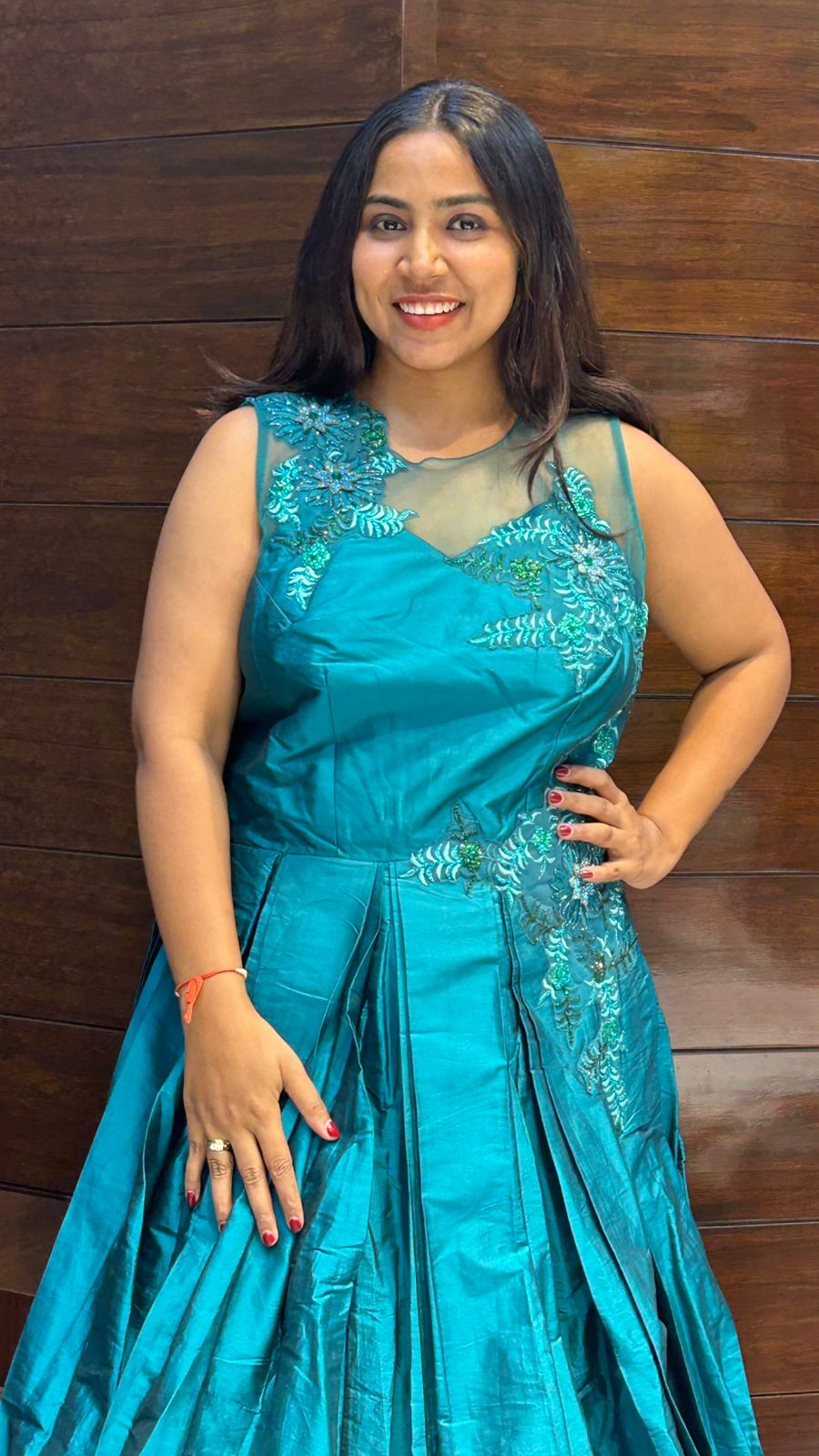 teal green tapeda silk embroidered partywear gown