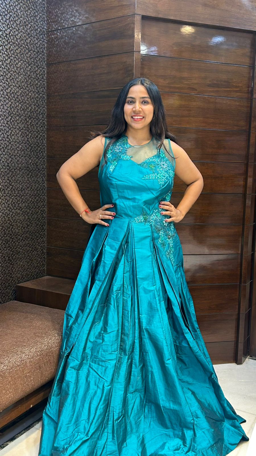 teal green tapeda silk embroidered partywear gown