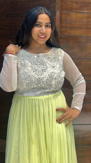 lemon green net partywear gown