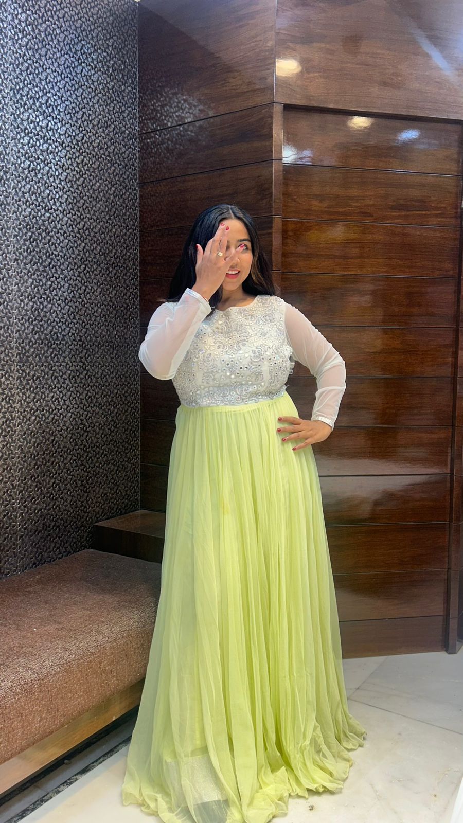 lemon green net partywear gown