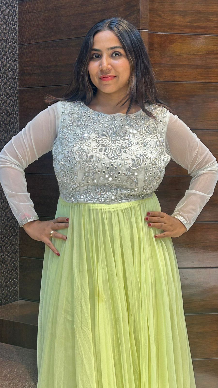 lemon green net partywear gown