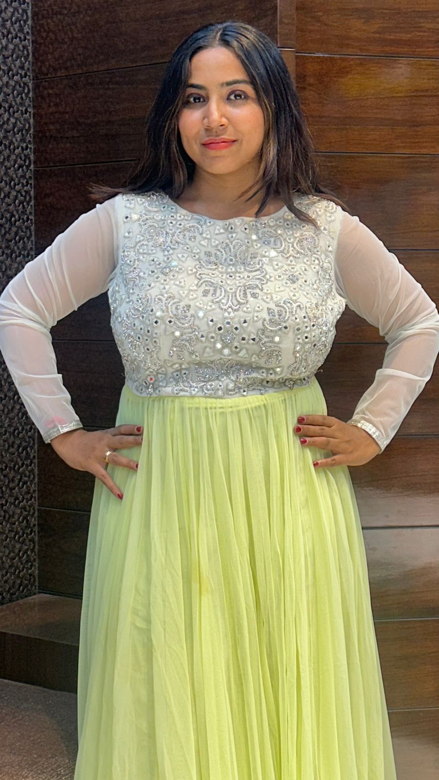 lemon green net partywear gown