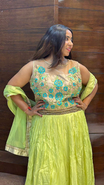 amazing light lemon green embroidered partywear gown