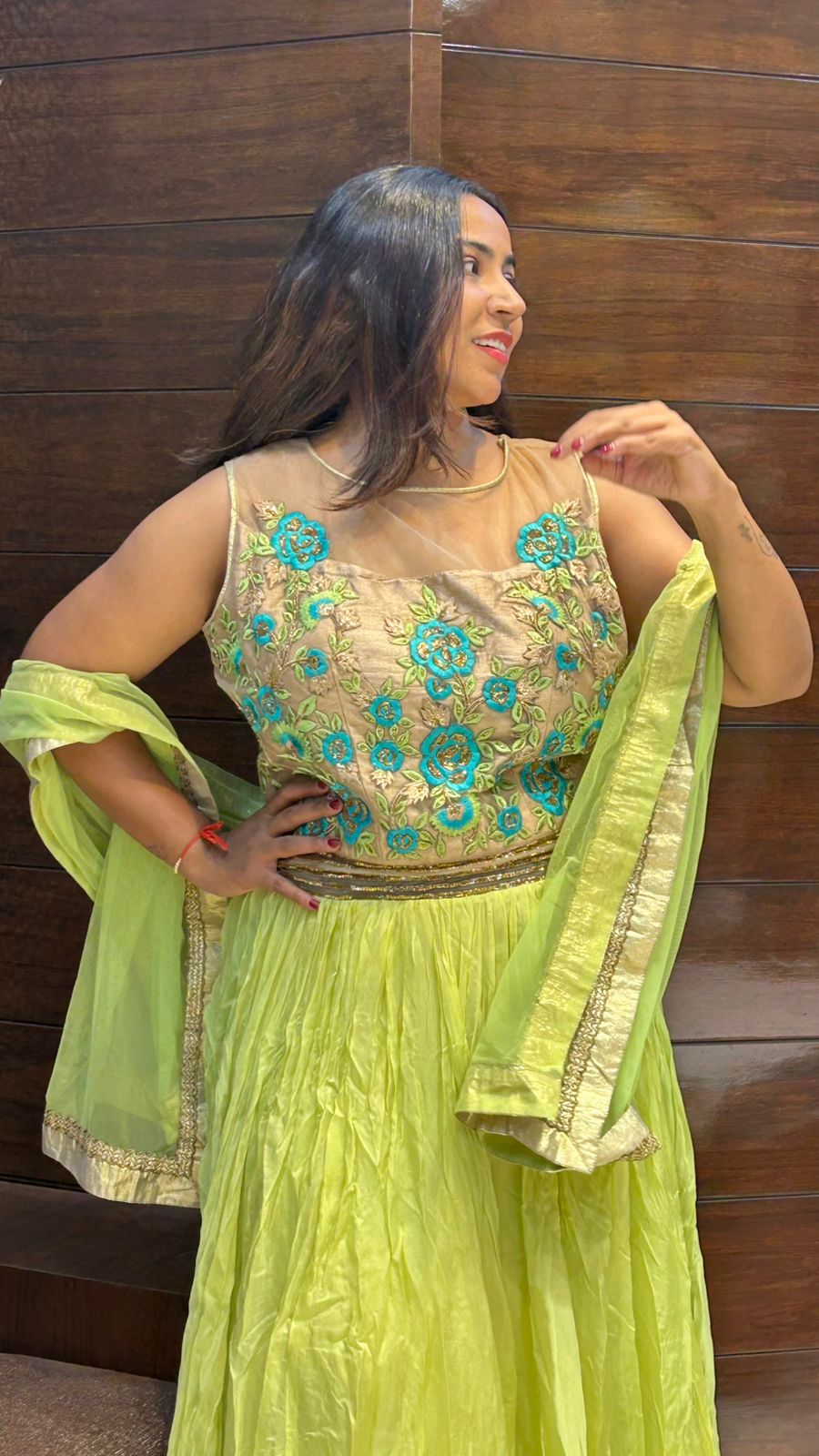 amazing light lemon green embroidered partywear gown