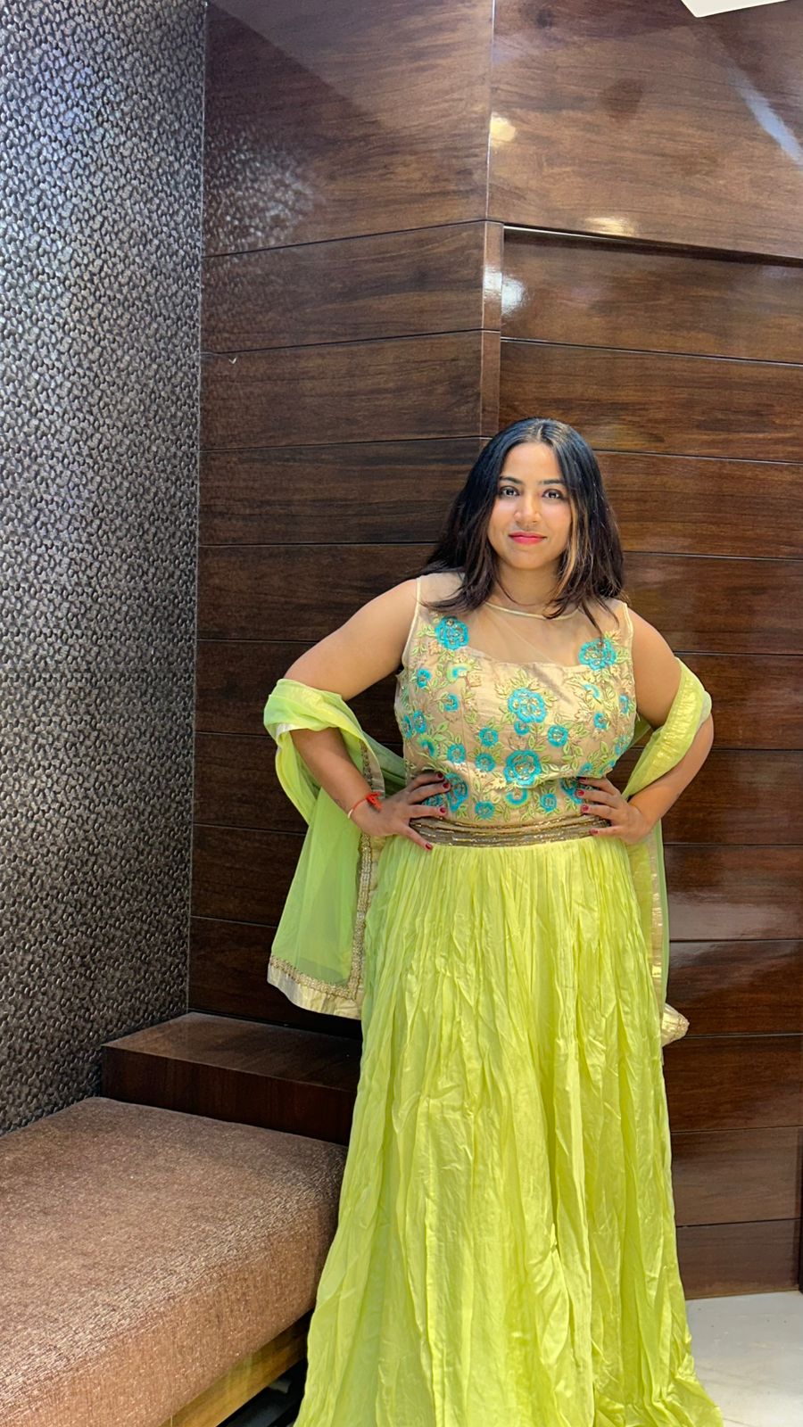 amazing light lemon green embroidered partywear gown