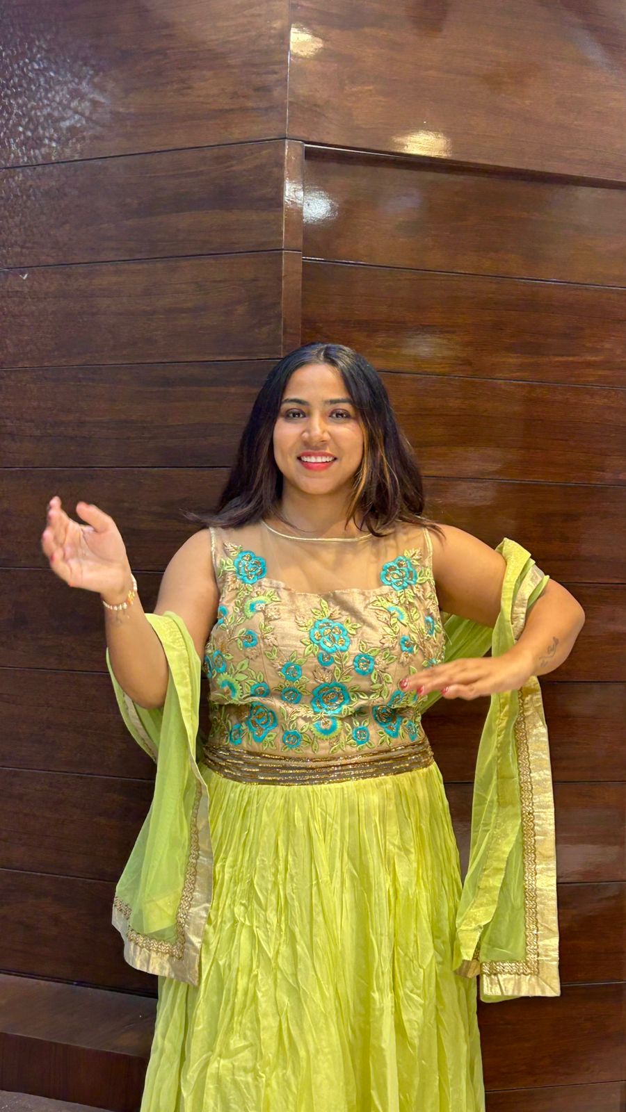 amazing light lemon green embroidered partywear gown