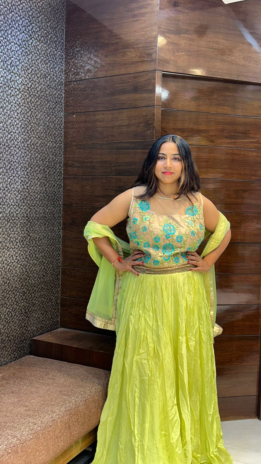 amazing light lemon green embroidered partywear gown