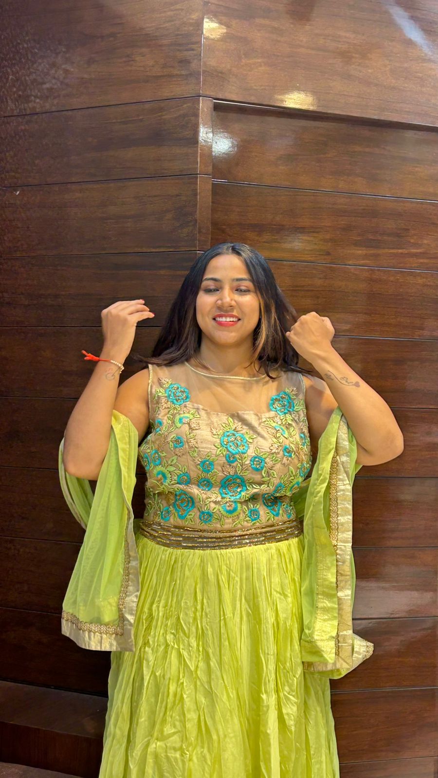 amazing light lemon green embroidered partywear gown