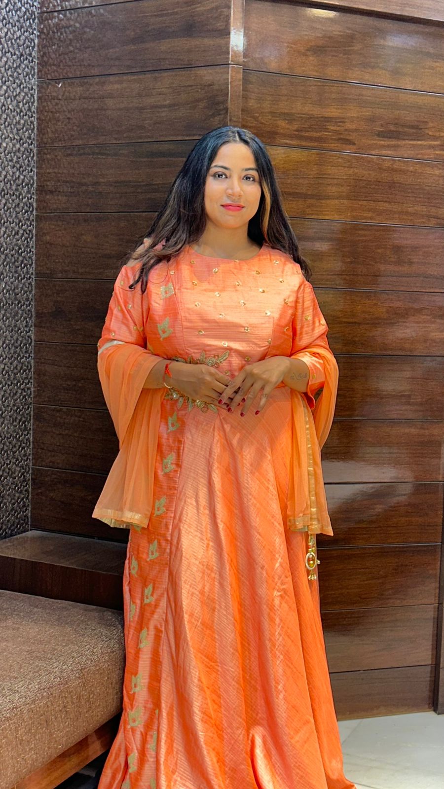 beautiful tapeda silk zari zardosi work orange color anarkali suit