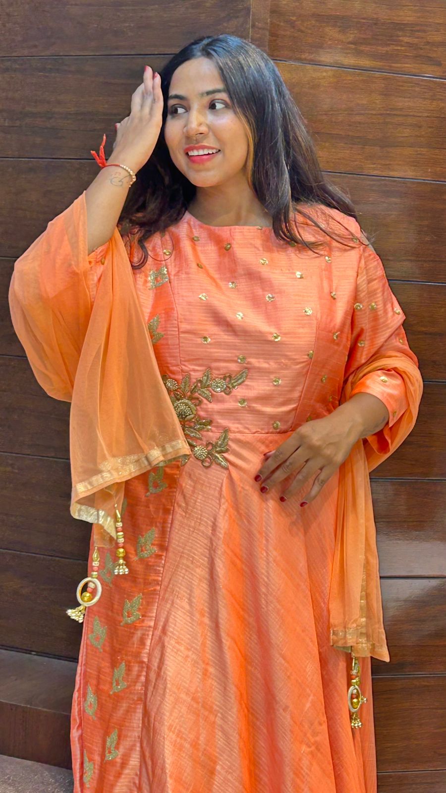 beautiful tapeda silk zari zardosi work orange color anarkali suit