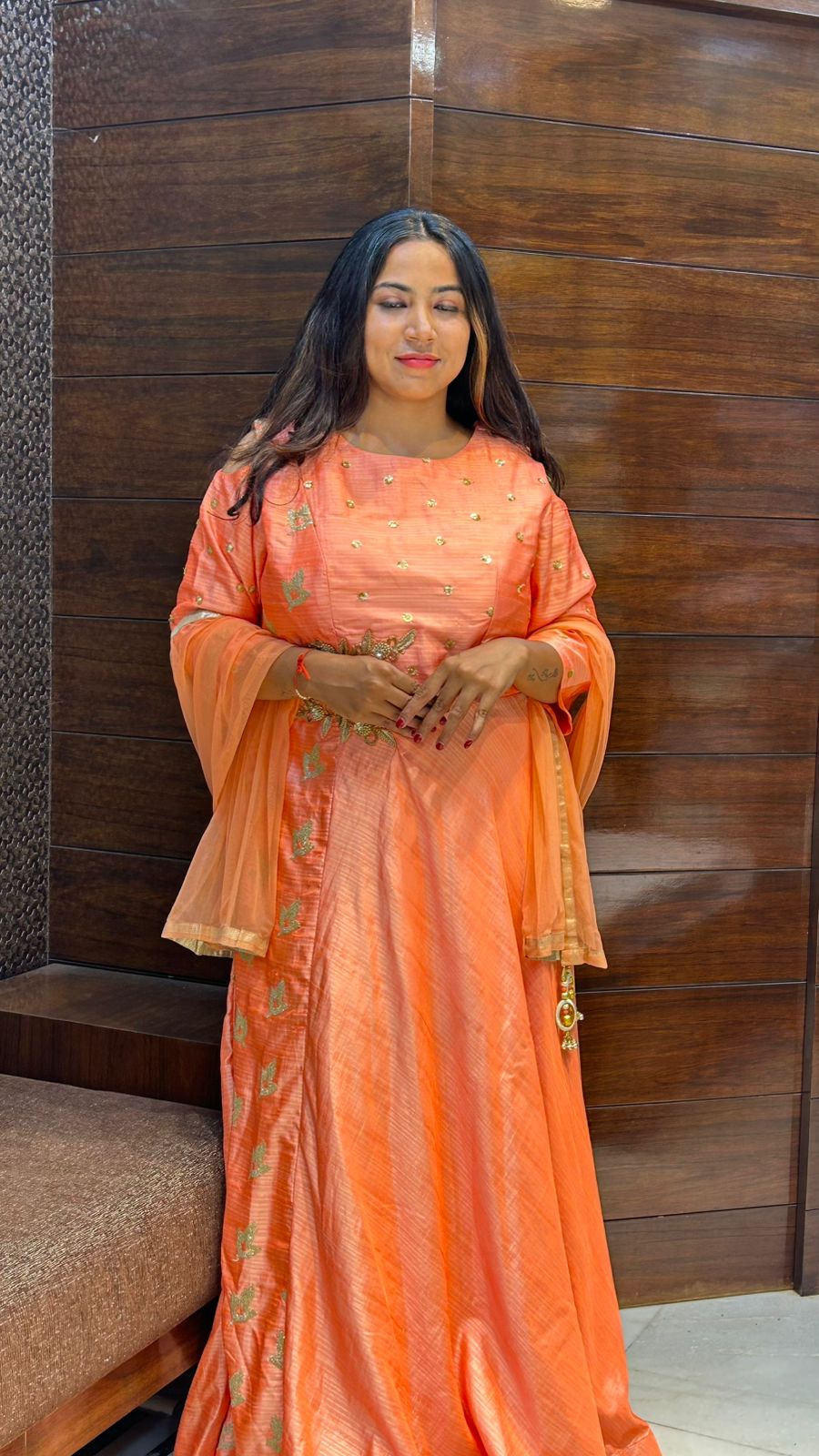 beautiful tapeda silk zari zardosi work orange color anarkali suit