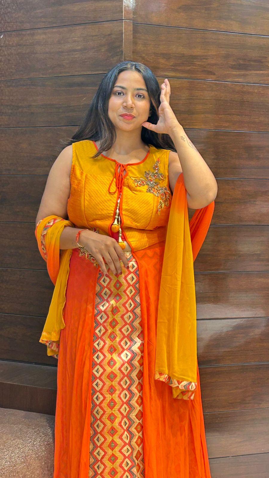 ethnic look one piece designer raw silk orange  indo western